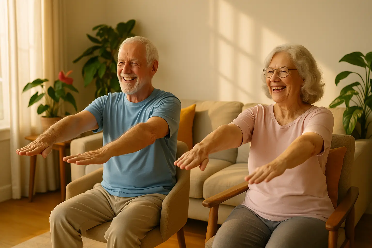 Elderly couple doing chair exercises