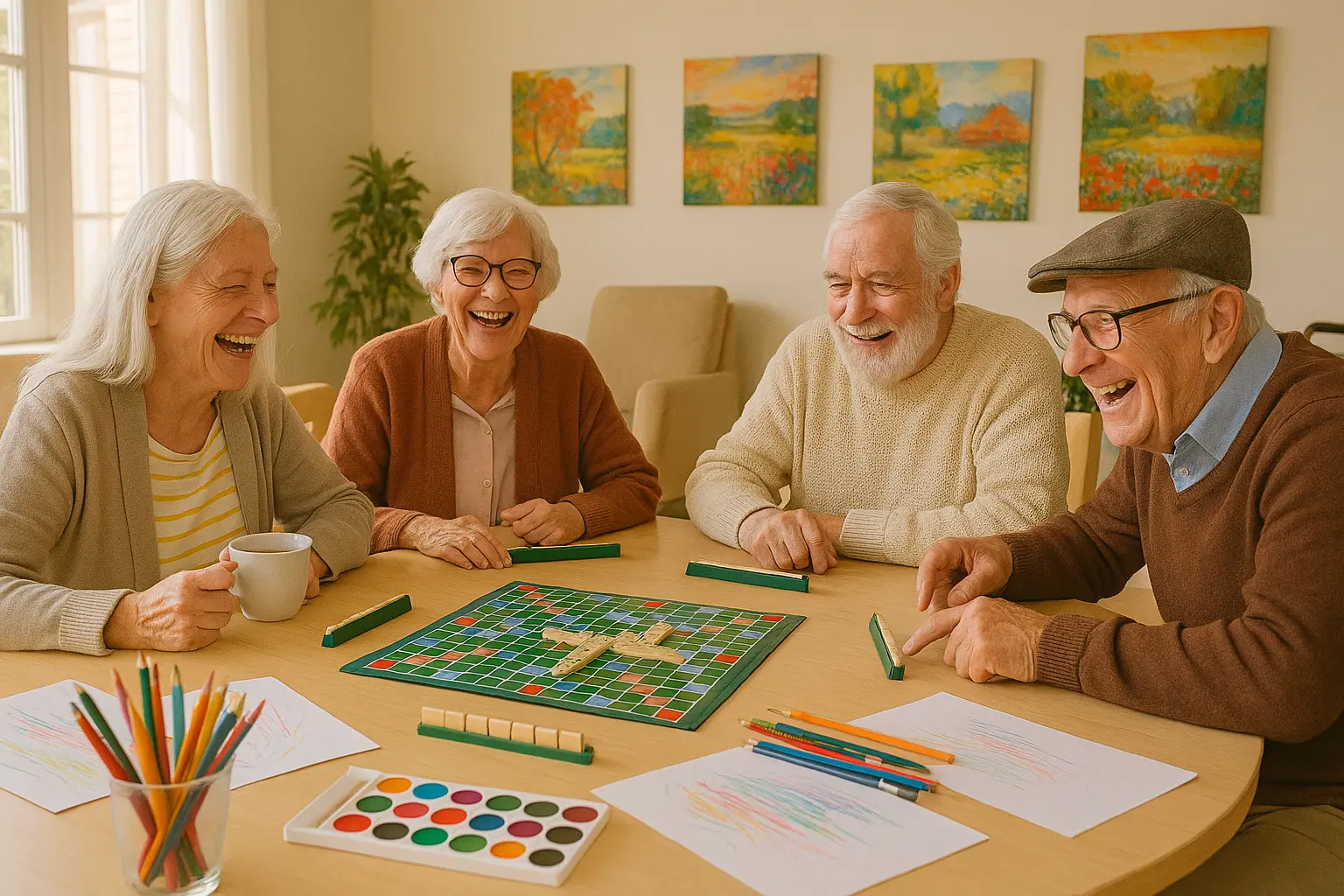 Seniors playing scrabble nursing home creative activities